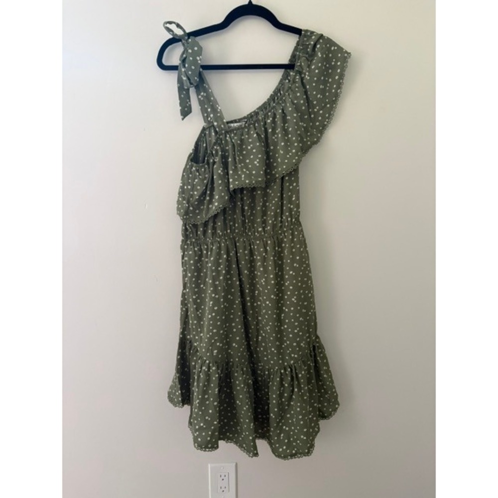 Davi & Dani Olive Green Floral One Shoulder Ruffle Mini Dress Womens Medium
